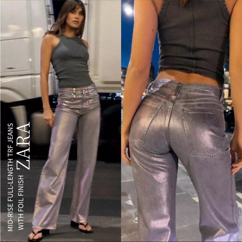 Zara MID RISE STRAIGHT LEG FOIL METALLIC JEANS SILVER/GRAY SIZE 0 NEW